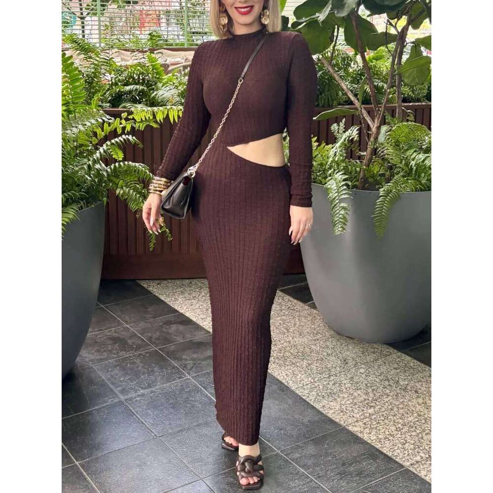 Elegant Textured Short Hollow Midi Women's Spring Solid Color Round Neck Long Sleeve Elastic Fit Dress Z260314