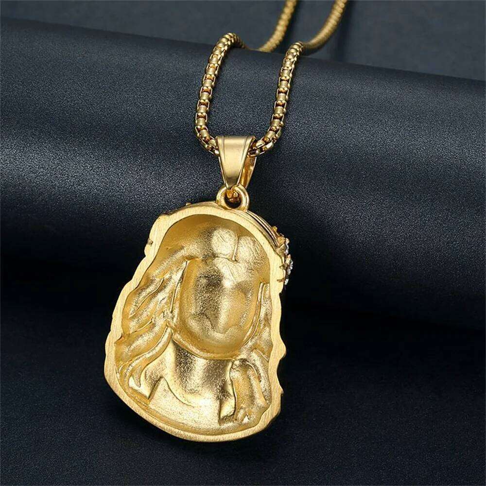 Religious Fashion Christ Jesus Head Pendant Gold Color Stainless Steel CZ Christian Necklace For Men Jewelry Male Gift 2025 H260312