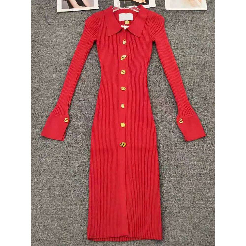 Retro solid color lapel single-breasted long-sleeved slim knit elastic autumn and winter new temperament hip dress Z260314