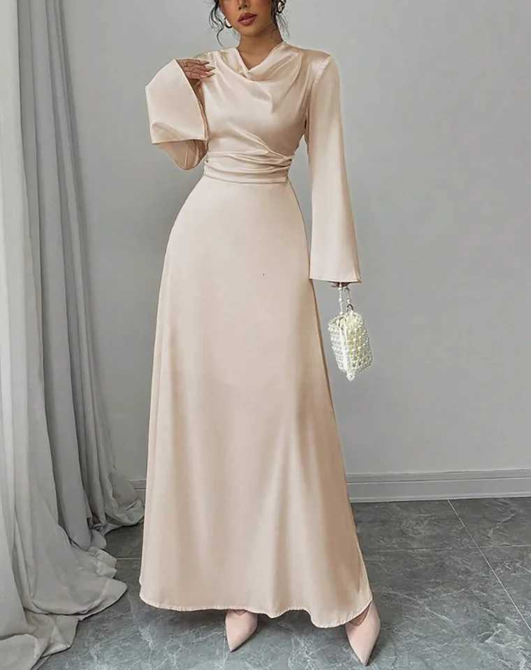 Maxi Dress Spring Summer Women Champagne Satin Cowl Neck Flared Sleeve Belted Elegant Luxurious Party Wedding Evening DressT260316