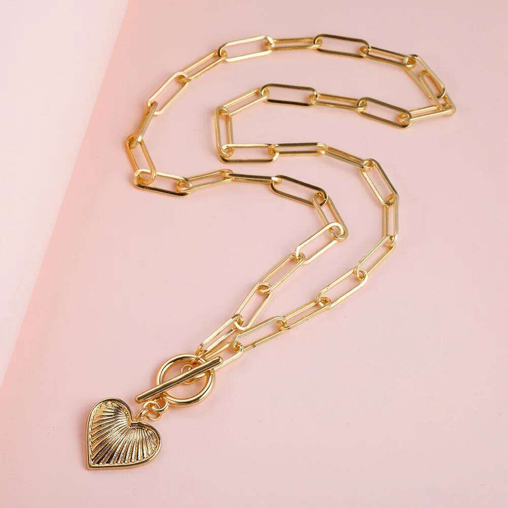 14K Gold Plated Heart Charm Pendant Paperclip Choker Toggle Clasp Dainty Chain Necklace Jewery for Women Girls H260312