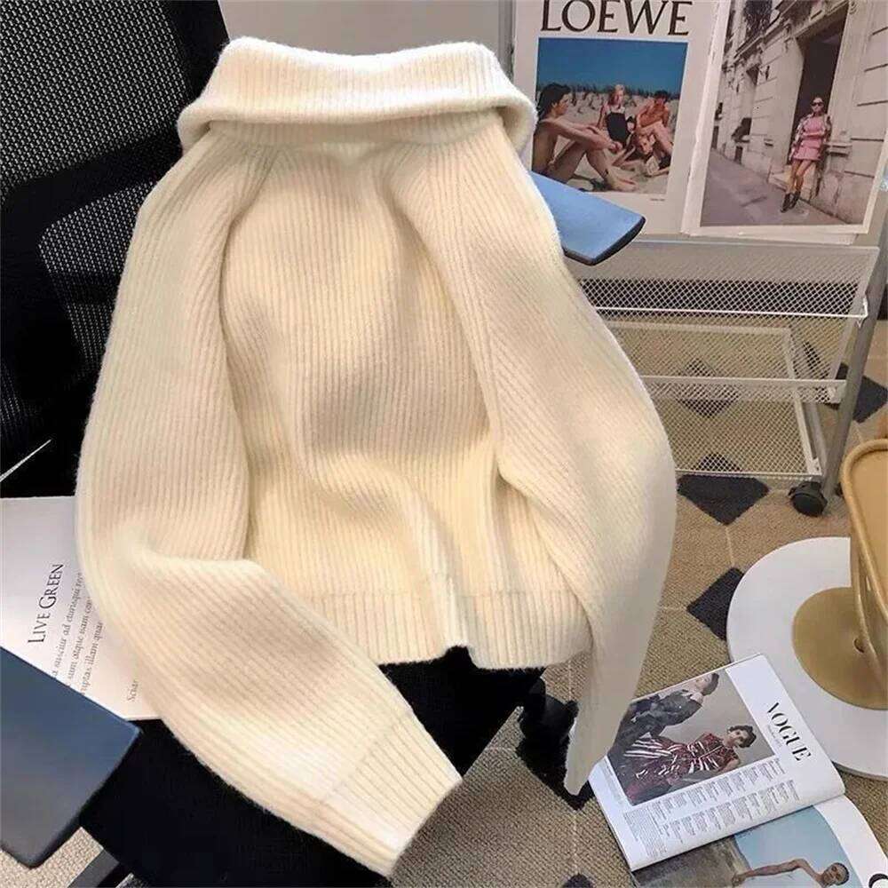 Double Zipper Vintage Flip Collar Women Harajuku Autumn Winter Knitted Cardigan Sweater Jacket Student Korean Version Ladies Top Z260314