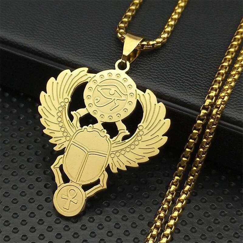 Egyptian Scarab Eye of Ra Horus Symbol Necklaces Stainless Steel Gold Color Ankh Key Of Life Necklace Jewelry collares N2336S01 H260312