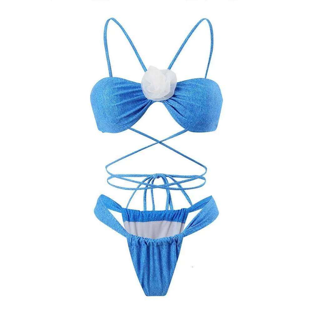 Sexy Laced Up Floral 2 Piece Women Split Swimsuit High Waist Beach Triangle 2025 New Summer Swimwea Bikini Set Y260303