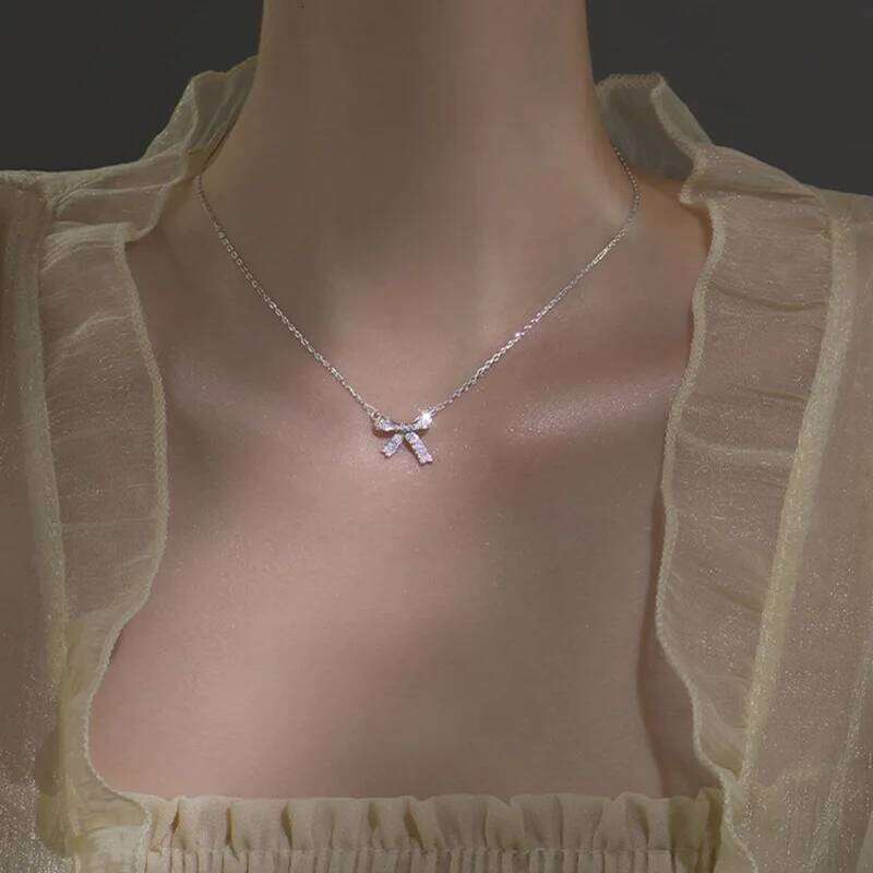 Silver Color Bow Clavicle Chain Fashion Acrylic Crystal Pendant Necklace For Women INS Jewelry Kpop Accessories H260312