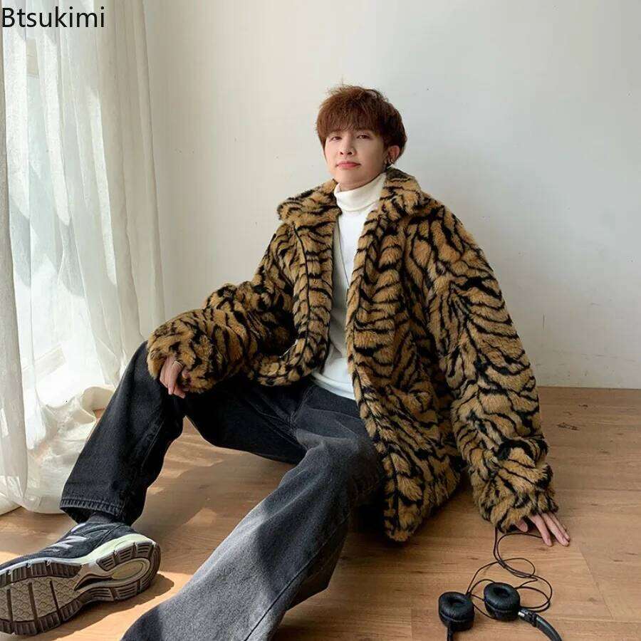 Fashion Tiger Stripes Print Men Loose Fluffy Faux Fur Long Sleeve Casual Warm Coats Autumn Winter Harajuku Retro Jackets Z260313