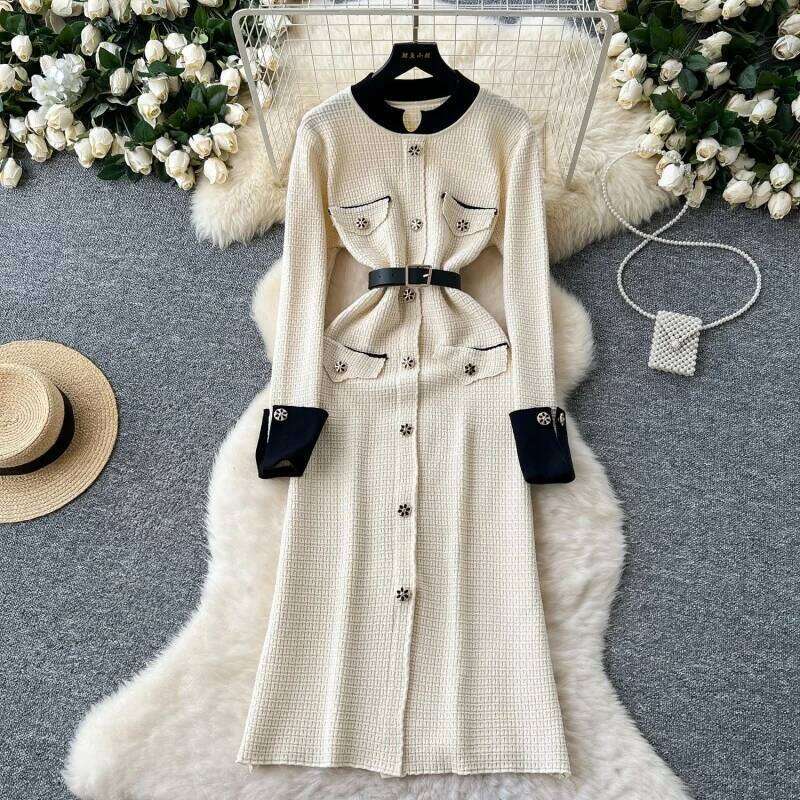 Elegant Knitted Slim Fit Autumn Clothing Women Full Sleeve Split Midi Dresses OL Style Pullovers Sweater Dress Robe Femmes Z260314