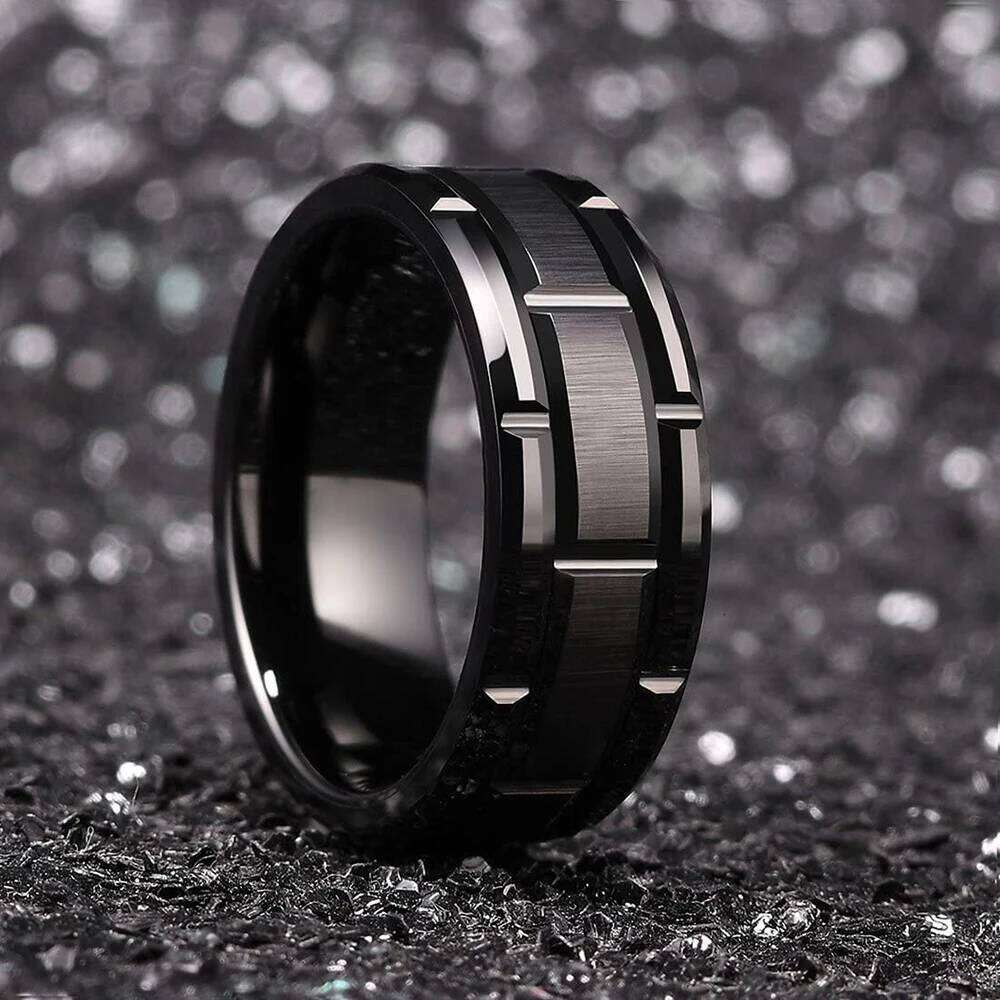 Fashion Men's 8mm Gold Color Groove Beveled Edge Tungsten Wedding Carbon Fiber Punk Gear Wheel Stainless Steel Ring For Men