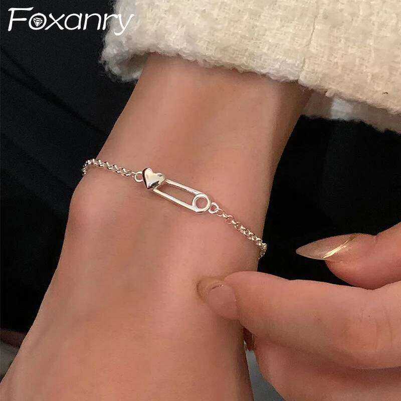 Foxanry Silver Color Love Heart Pin Bracelets For Women Girls Simple Creative Trendy Temperament Sweet Birthday Jewelry Gifts Z260313