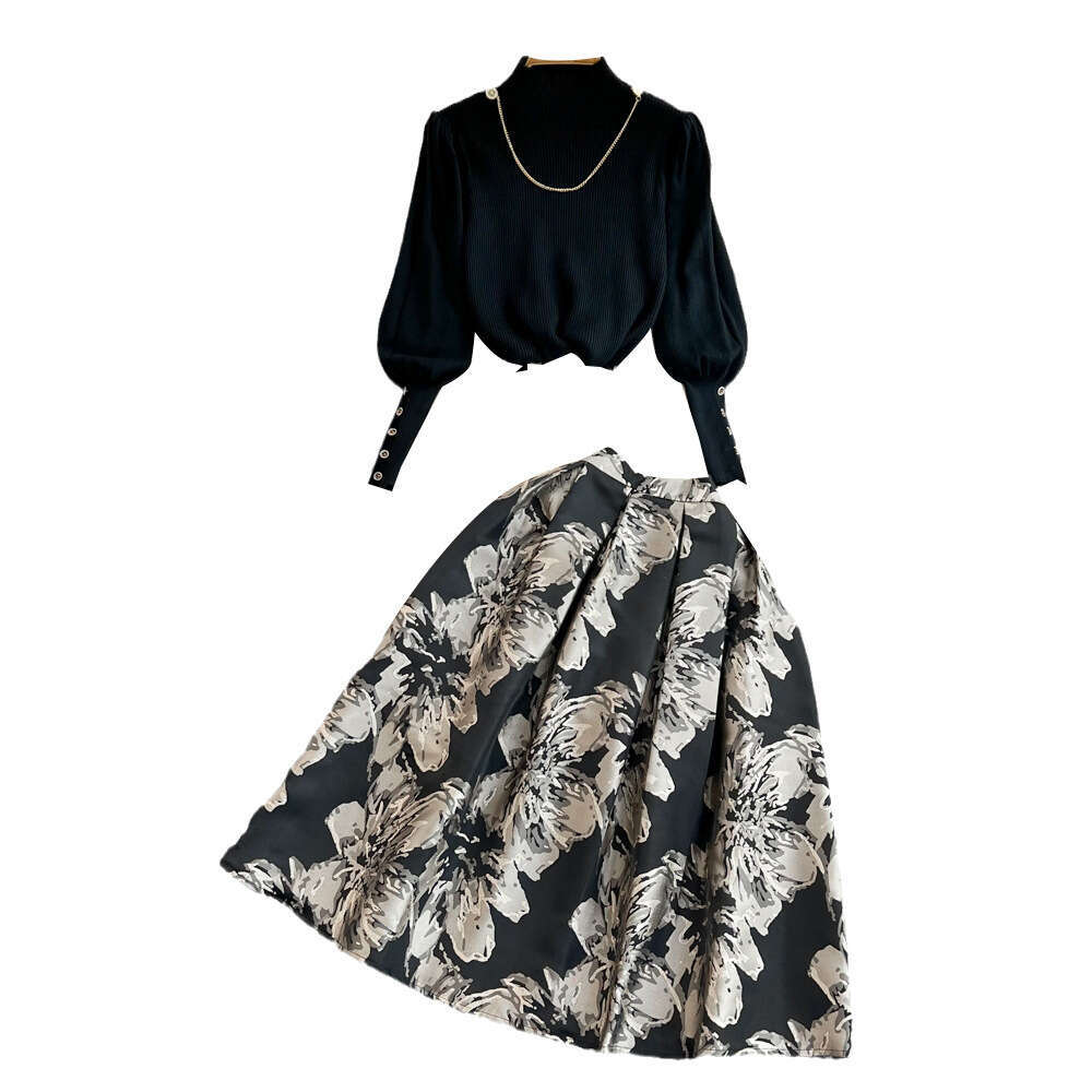 Autumn and Winter Korean Elegant Lantern Long Sleeve Stand Collar Loose Knitted Top Two Piece Set High Waist A-line Skirt 2026