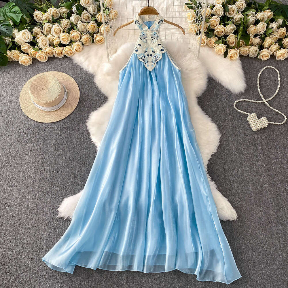 2026 New Chinese style Unique Beautiful Embroidery a20 Women's Strap Top Summer Vacation High end Glossy Fairy Dress