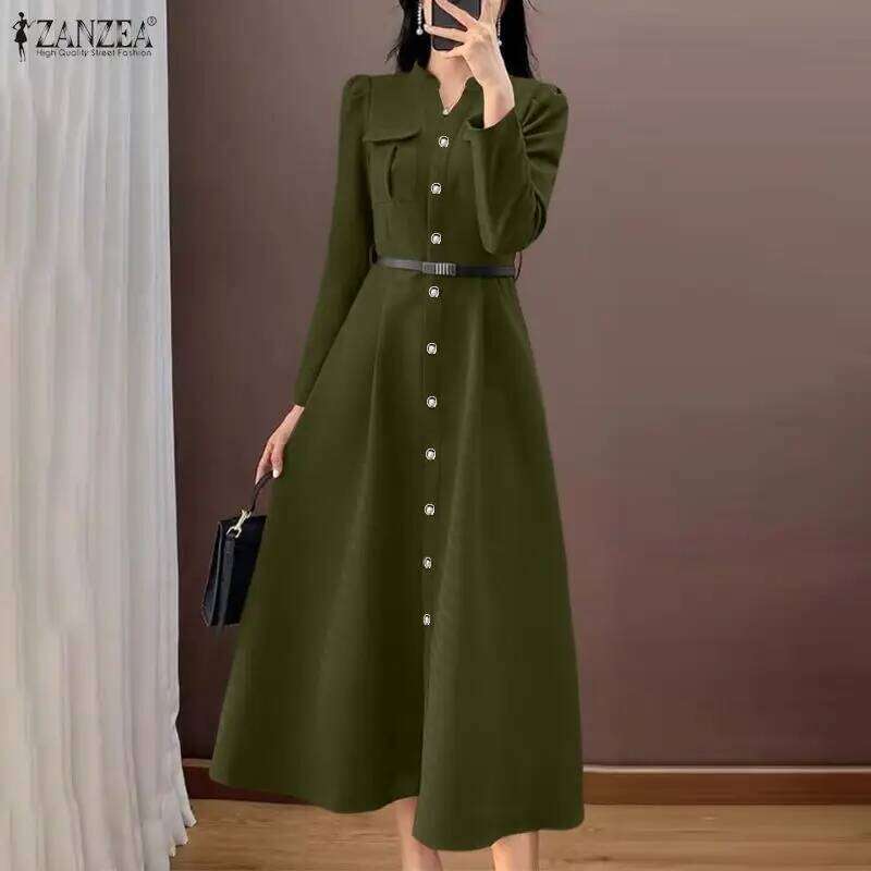 ZANZEA Elegant Party Dress Women Sleeve V-Neck Buttons Long Shirt Vestidos 2026 Fashion Casual Streetwear Office Midi Robe Z260313