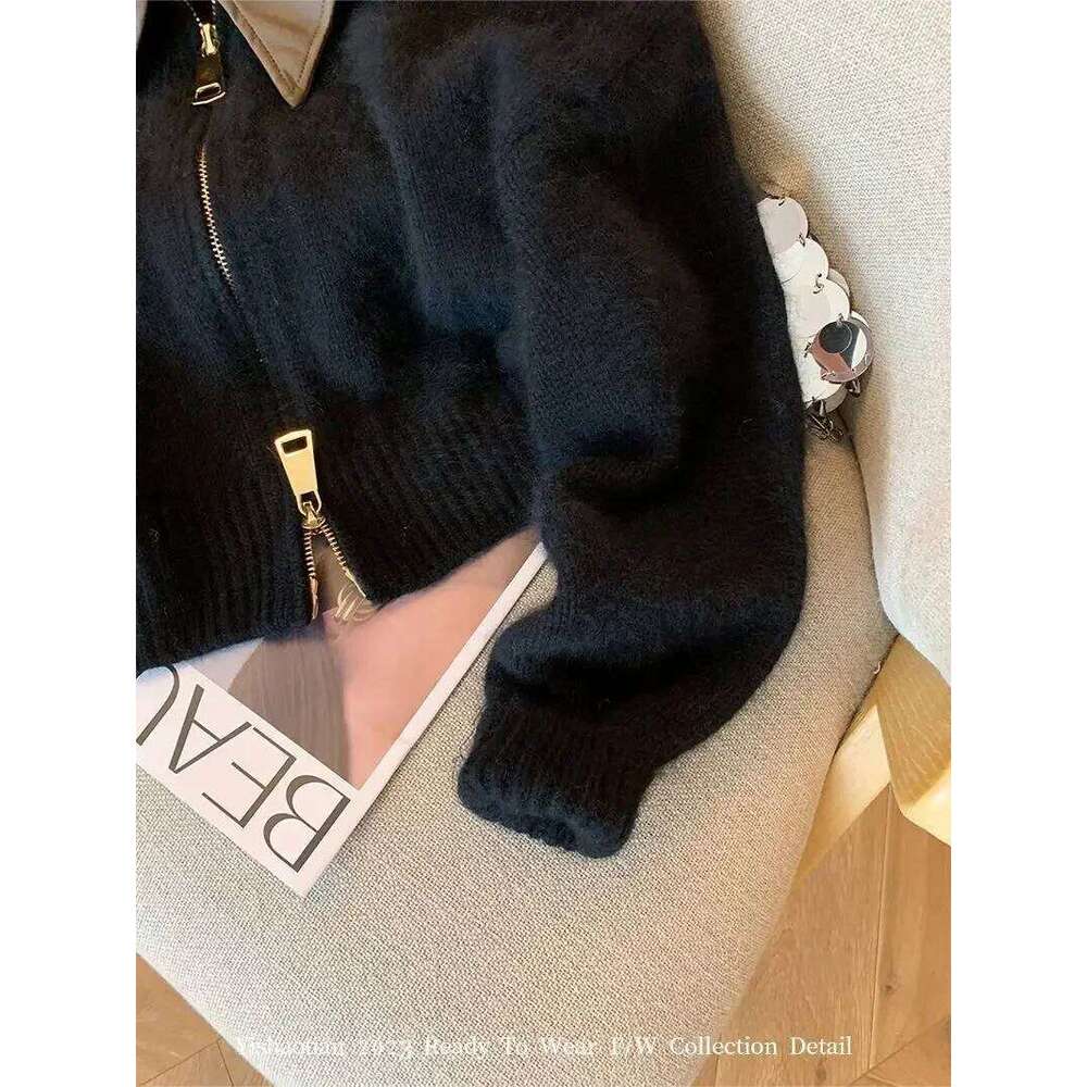 Full Sleeve Solid Women Turn Down Collar Loose Casual Knitted Coats Zipper Autumn Winter 2024 Regular Splice Sweaters Cardigan Z260313