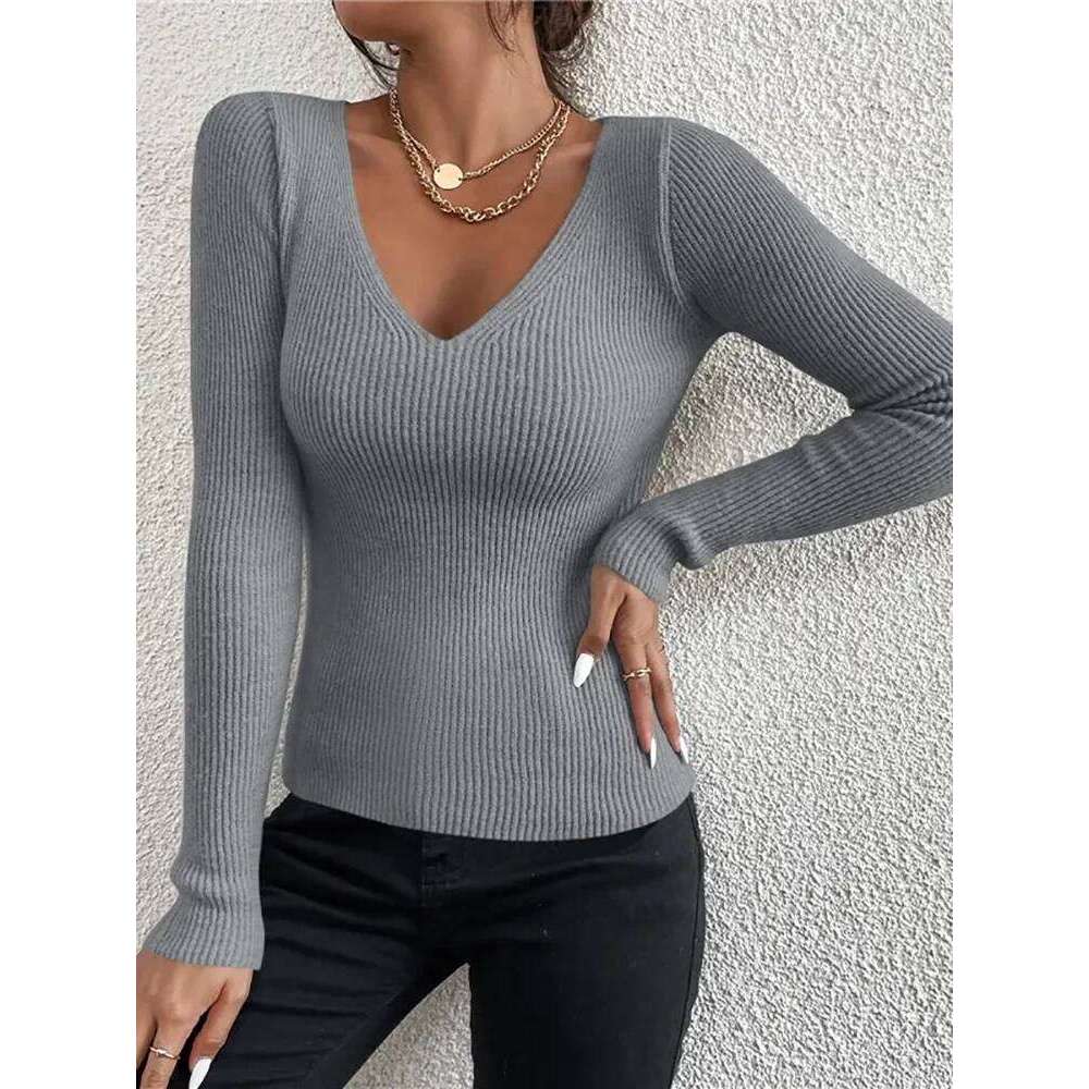 HELIAR 2024 Autumn Winter Women Solid Rib Knit V Neck Stripe Pull Sweater Femme Y2k Long Sleeve Pullover Jersey Tops Fashion Z260314