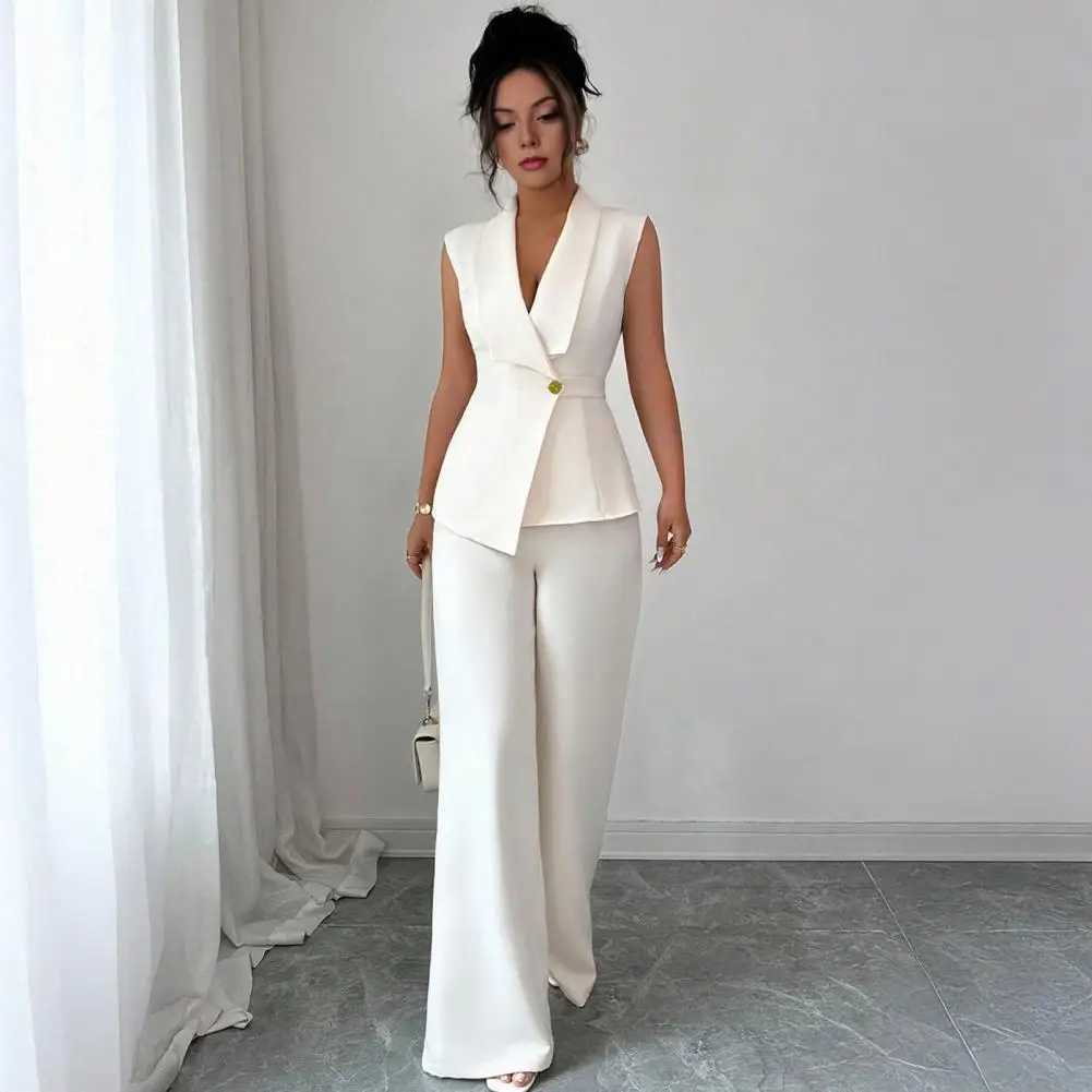 Comfortable Spring Suit Womens 2 Piece Suit Set Sleeveless Blazer Vest Wide Leg Pants Outfit Casual Office Workwear Dressy M260313