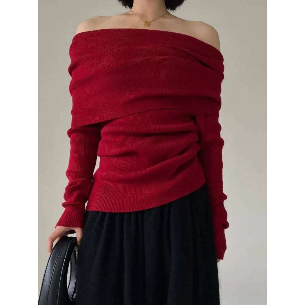 2025 Autumn Winter Off Shoulder Women Sweaters Elegant Vintage Knitted Solid Jumper High Stretch Top Soft Chic Pullovers Z260313