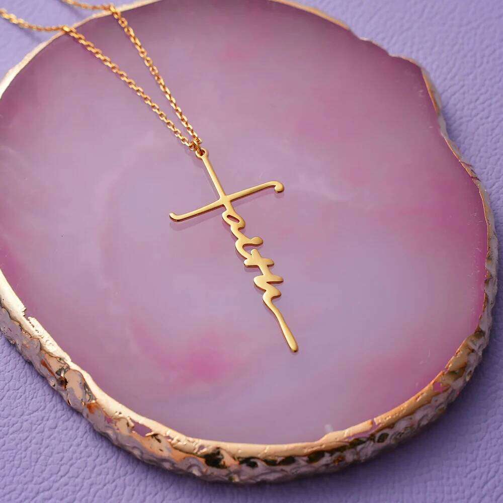 Lemegeton Custom Cross Name Necklace Personalized Pendant Stainless Steel Jewelry for Women Men Customized Baptism Easter Gifts H260312