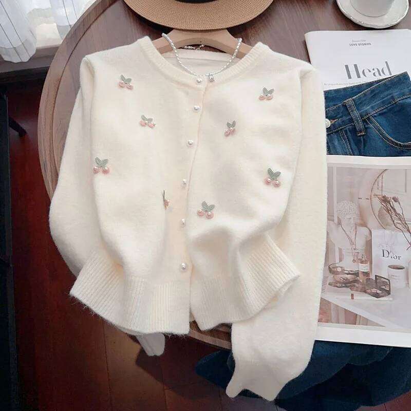 Pink Sweet Pearls Decorate Sweater Cardigan Woman Korean Fashion Print O Neck Knitwear Women Long Sleeve All Match Knitted Tops Z260313