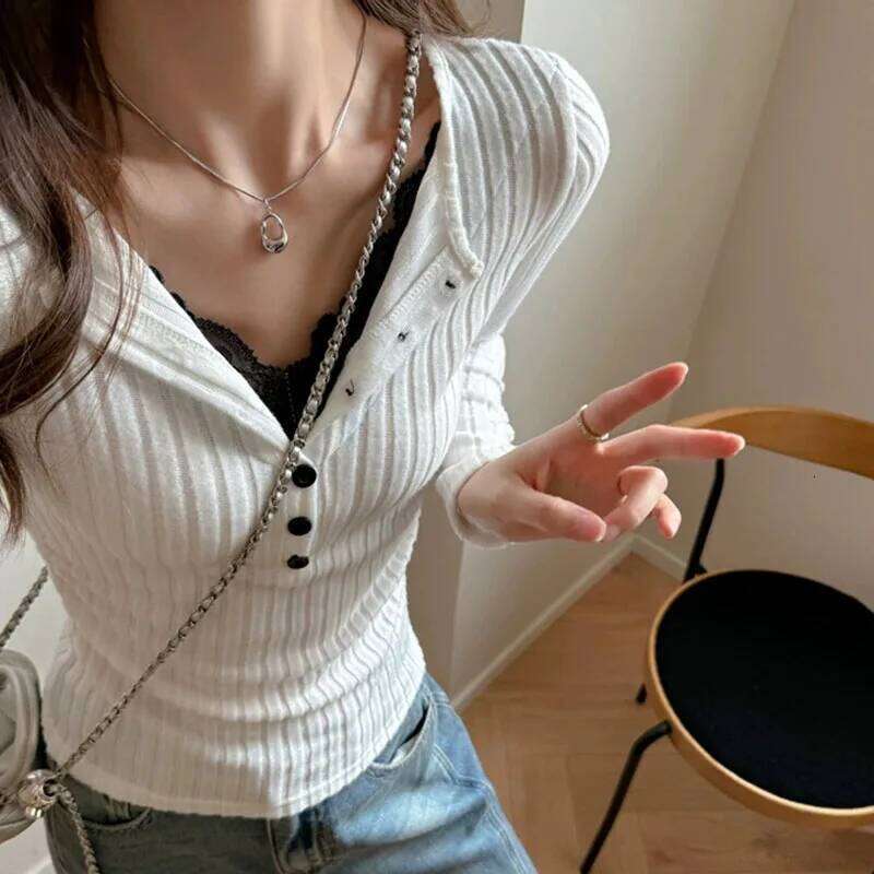 Vintage Y2K Lace Patchwork Sweater Women Korean Design Striped Knitted Jumpers Ladies Fashion Slim Elastic Bottoming Knitwear Z260313