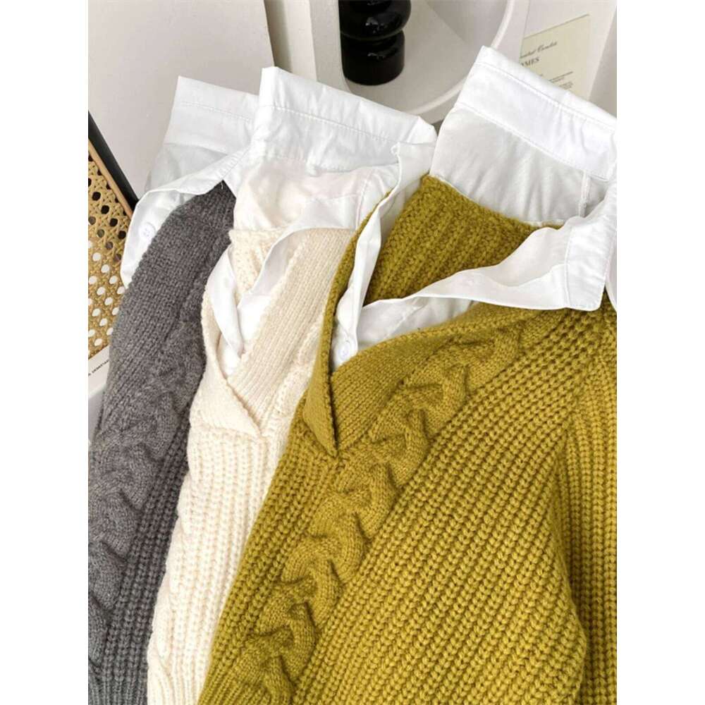 Fake Two Shirts Splicing Sweater Women's Spring Autumn New Contrast Color Design Sense Flip Collar Loose Outer Knitted Top Z260313