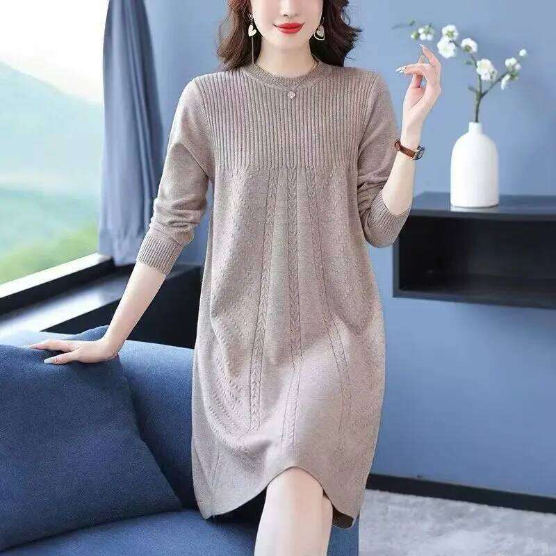 Women's Clothing Elegant All-match Solid Knit Dresses Autumn Winter New Casual Loose Long Sleeve Knee-Length Sweater Pullovers Z260313
