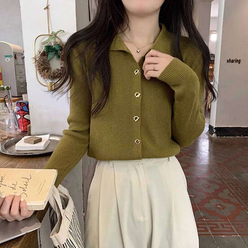 Autumn Fashion Solid Knit Cardigan Women Clothing Chic Turn-down Collar Long Sleeve Sweater All-match Elegant Button Top Z260313