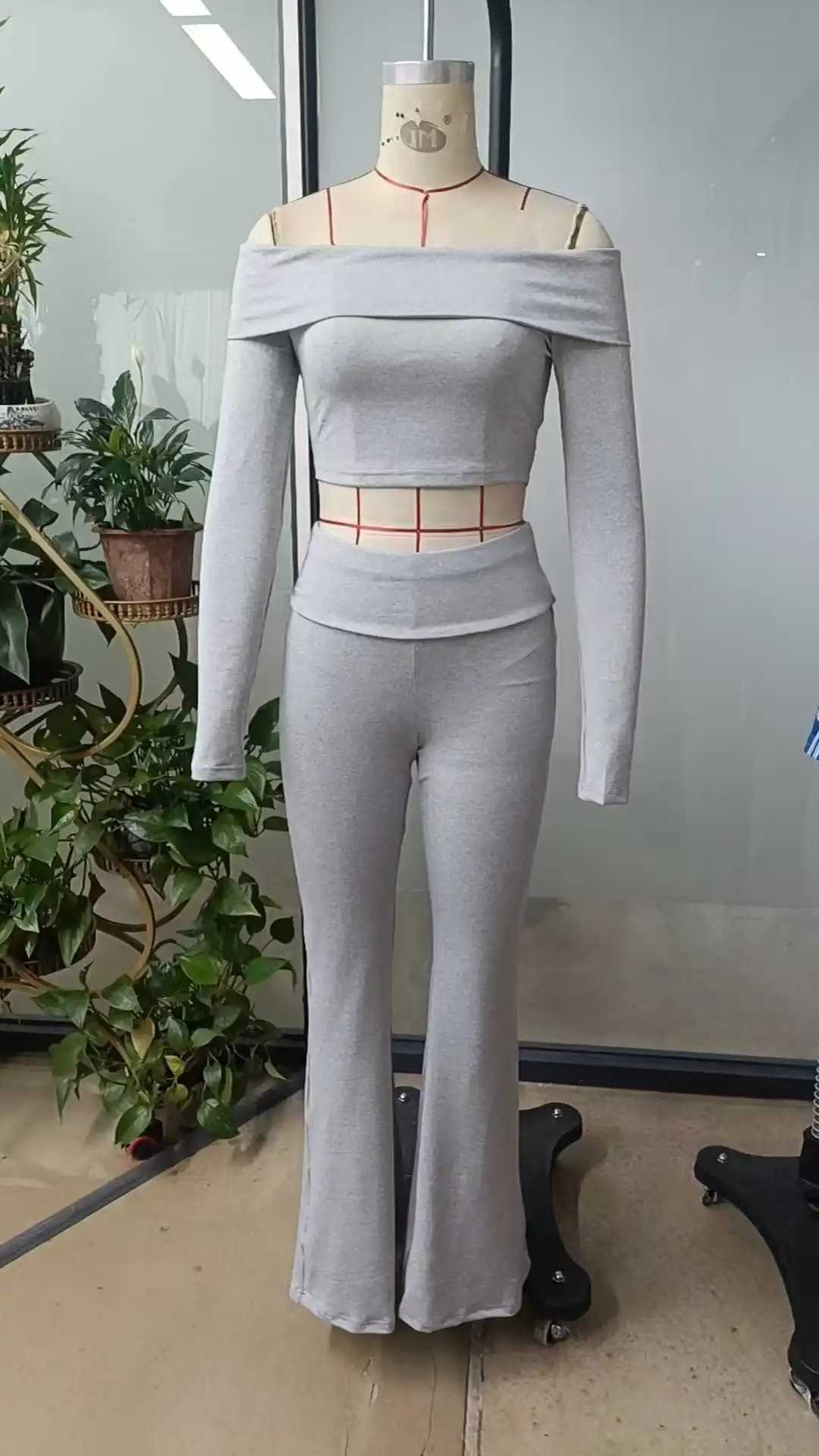 Casual Workout 2 Piece Sets Woman Crop Long Sleeves Tops Foldover Flare Pants Tracksuit Suit Summer and Fall 2025 New Outfits M260313