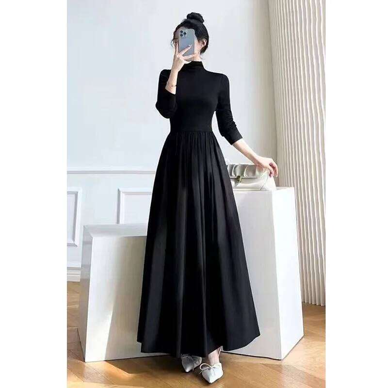 Lucyever French Style Black A-Line Dresses Women Elegant High Waist Long Sleeve Midi Autumn Winter Slim Fit Maxi Dress Z260313