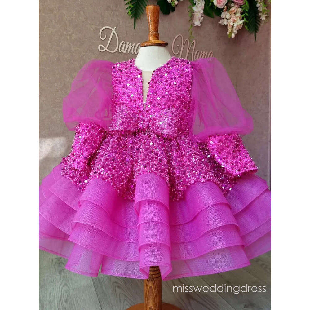 Bling Ball Gown Flower Girls Dresses For Weddings Sequined Long Sleeve Appliqued Boho Kids Birthday First Holy Communion Dress Tutu Vintage Party Page
