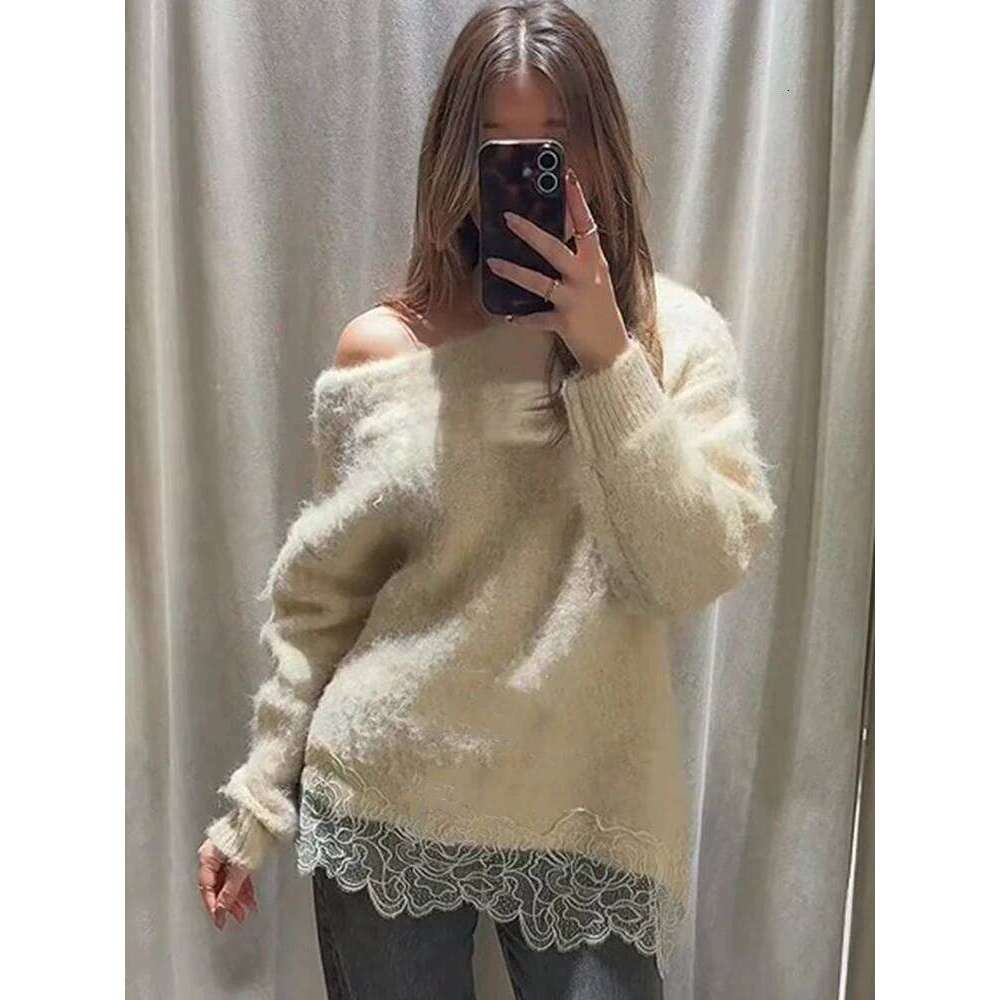 Lace Patchwork Knitted Pullover Women Stylish Full Sleeve Slanted Collar Irregular Hem Loose Pullovers Lady Spring Autumn Wear Z260314