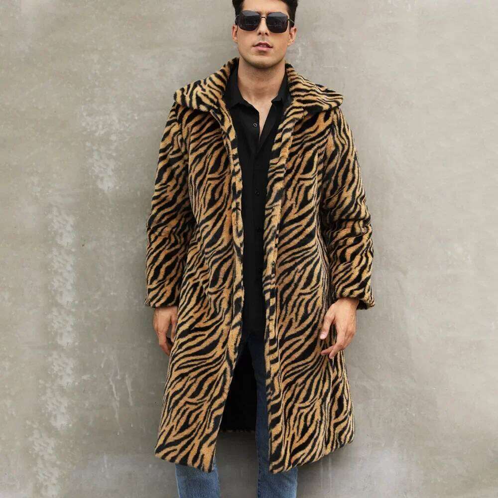 Men Faux Fox Coat Winter Zebra-stripe Thick Fluffy Warm Shaggy Outerwear Luxury Fur Long Jacket Bontjas Jackets Mens Z260313