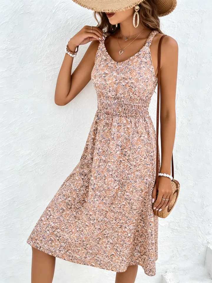 Midi Dress Spring Summer Women Beige Floral Print Halter Neck Shirred Waist High Slit Boho Casual Vacation Beach Date DressT260314