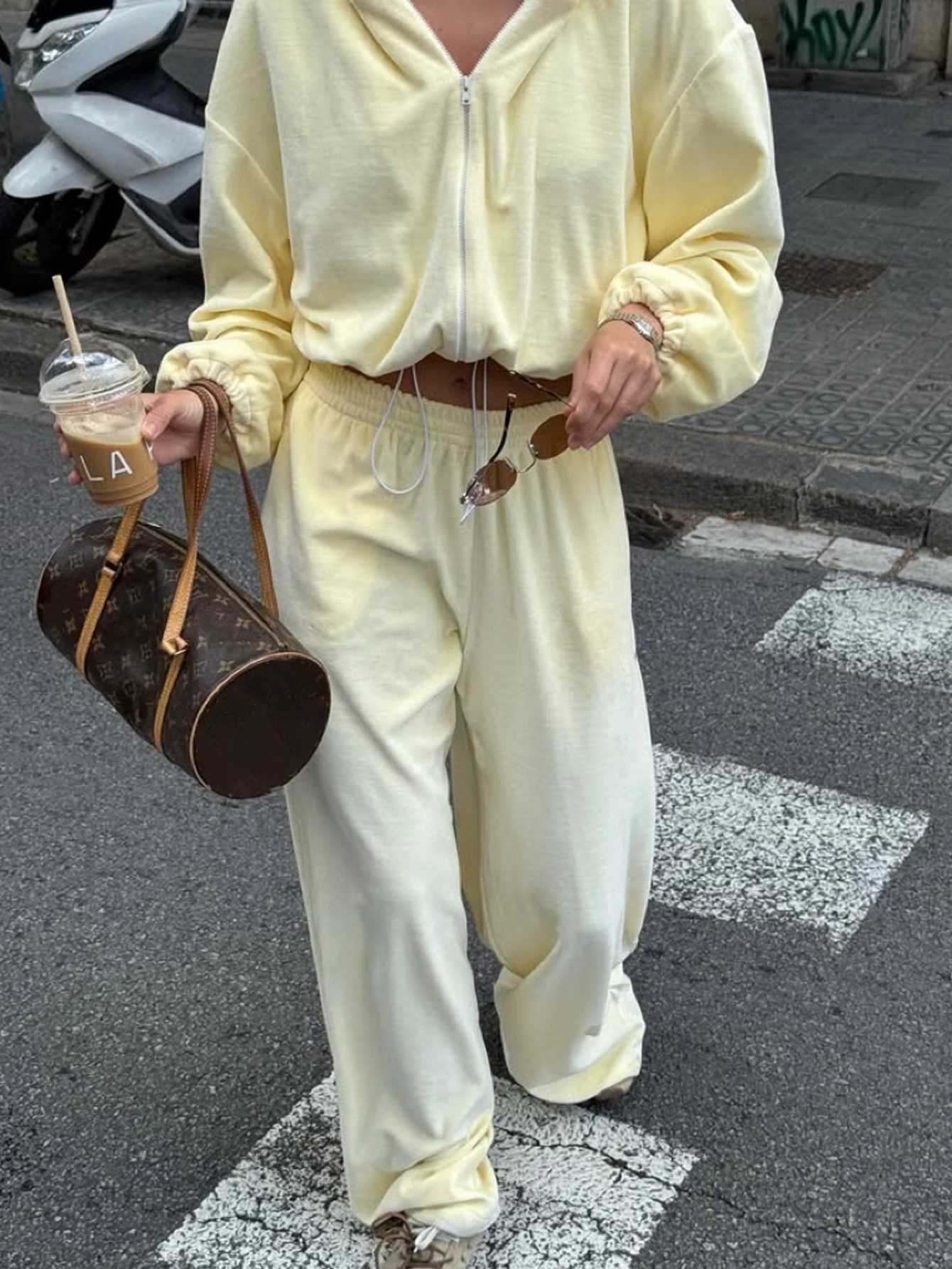 Womens Two-Piece Set Solid Color Hooded Short Sweatshirt Jacket with Elastic Waist Pants Regular Fit Fall Winter Wear M260313