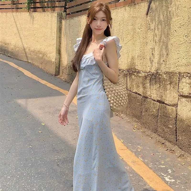 Women Elegant Baby Blue Floral Maxi Dress Lady Feminine Ruffle Trim Square Neck A-Line Dress Female Prairie Chic Party DressT260316