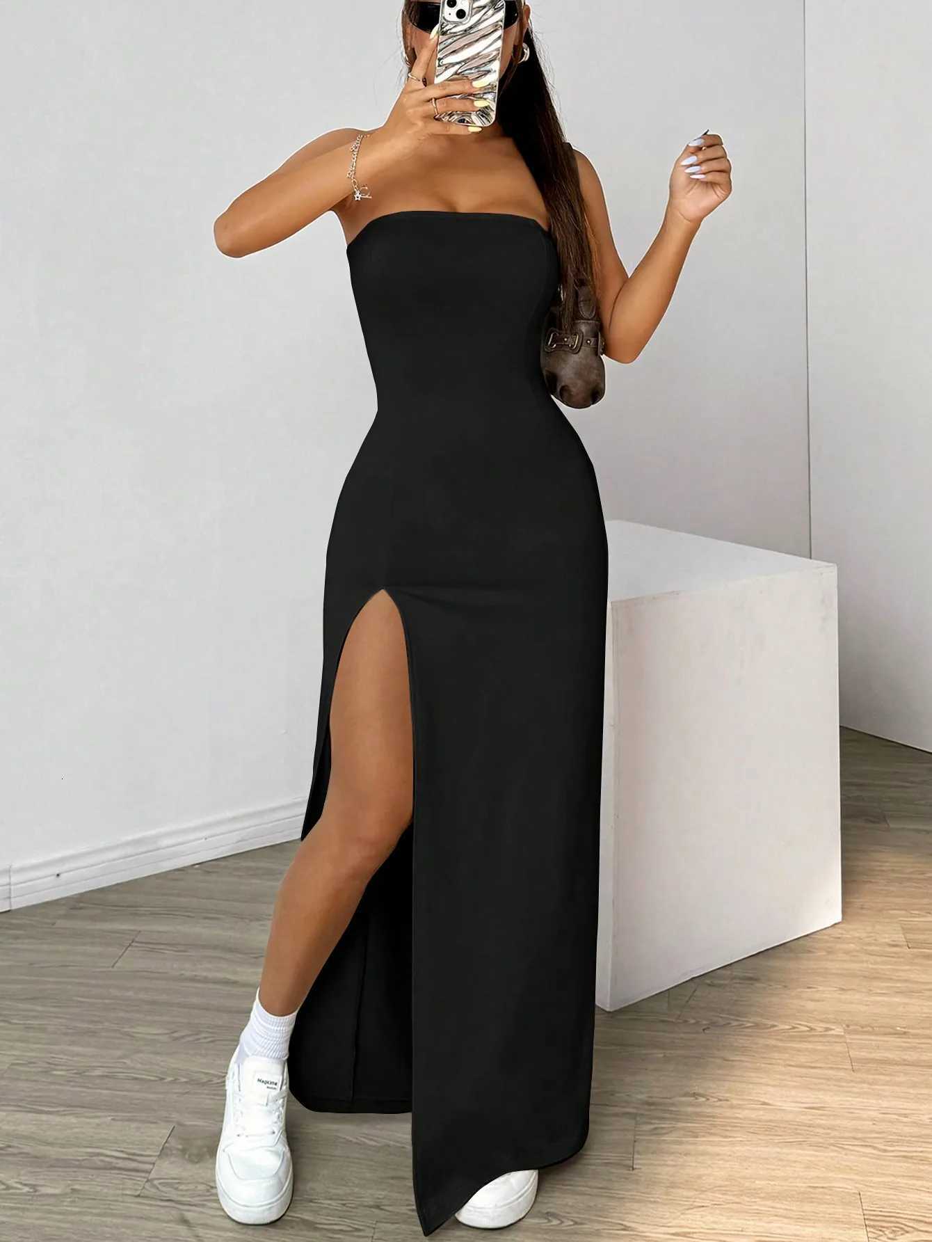 Elegant ladies strapless camisole slit simple basic solid color long dress ideal for casual and semi-formal occasionsT260314