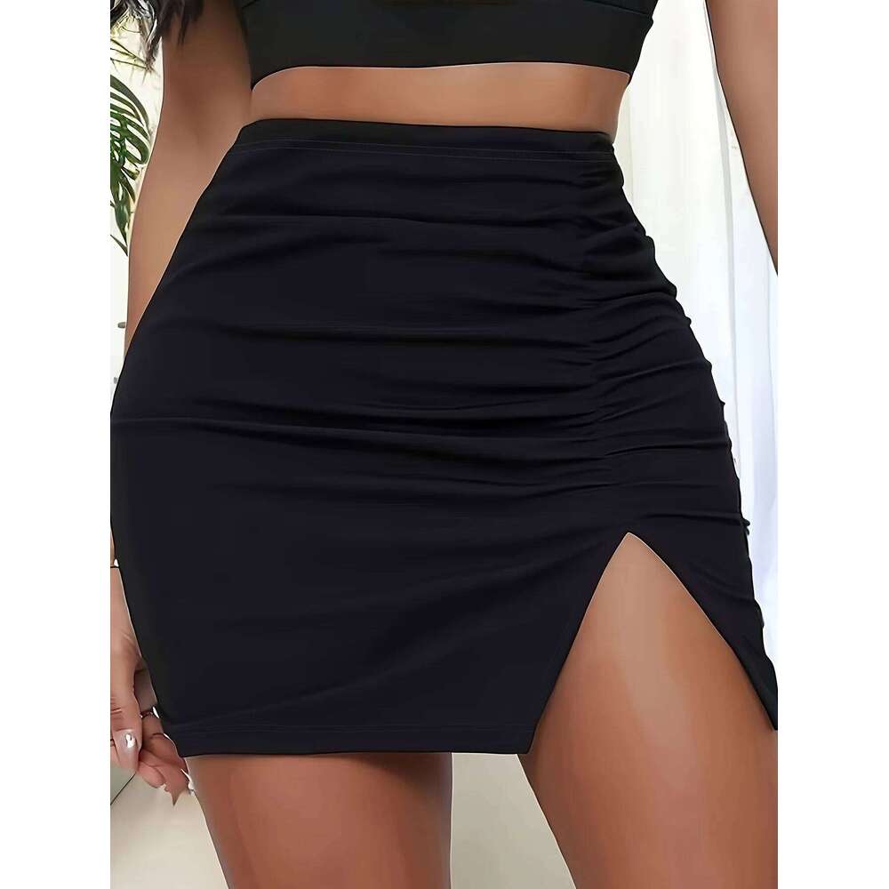 Chic Elegant High Waist Skirt for All Seasons Comfortable Knit, Ruched Split Hem Durable & Easy-Care Z260314