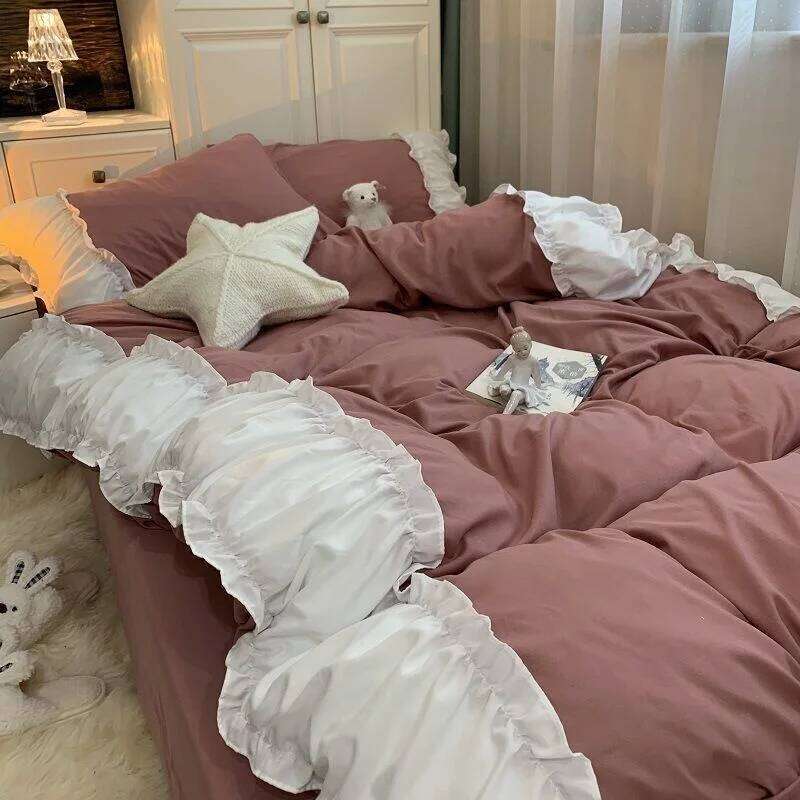 Korea Princess Purple Bedding Sets Bed Pillowcases Duvet Cover 3/4 Pieces Home Decoration Washed Cotton Flat Sheet Set H260312 - view 6