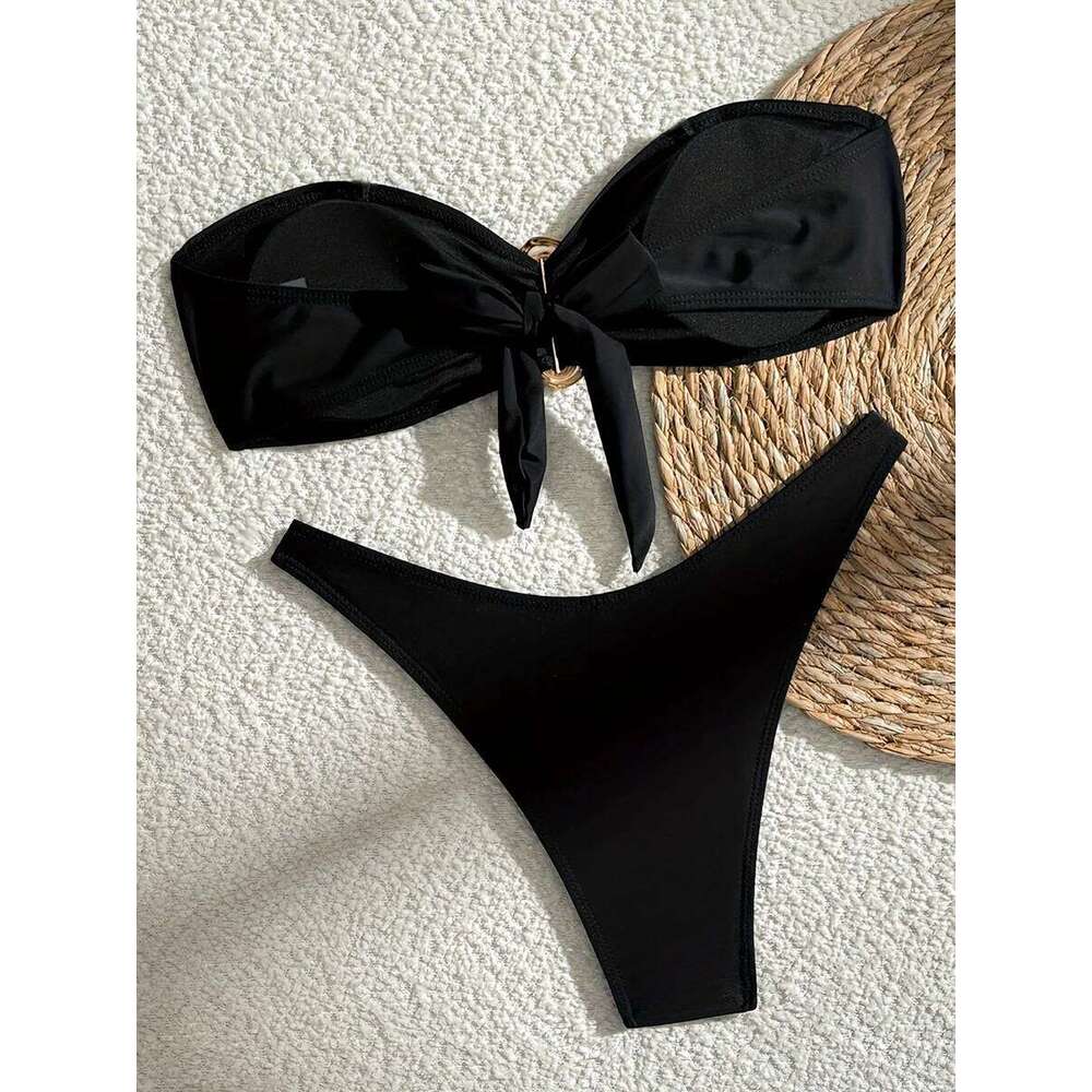XS - L Metal Ring Bandeau Women Swimwear Female Swimsuit Two-pieces Bikini set Brazilian High Cut Bathing Suit Swim Lady Y260303