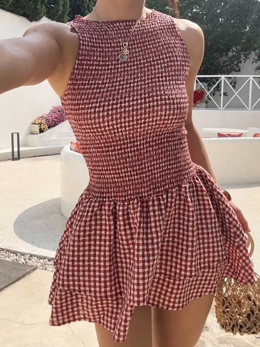 Red Plaid Sleeveless Slim-Fit Belted Mini Dress Sweet French Style For Summer VacationT260314