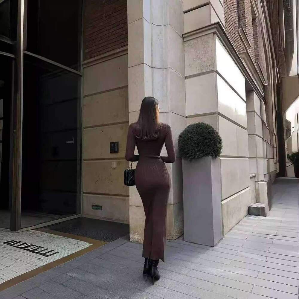 Women Elegant Sleeve Knitted Maxi High Neck Bottoming Striped Sweater Slim Long Dress Bodycon Party Club Streetwear Z260314