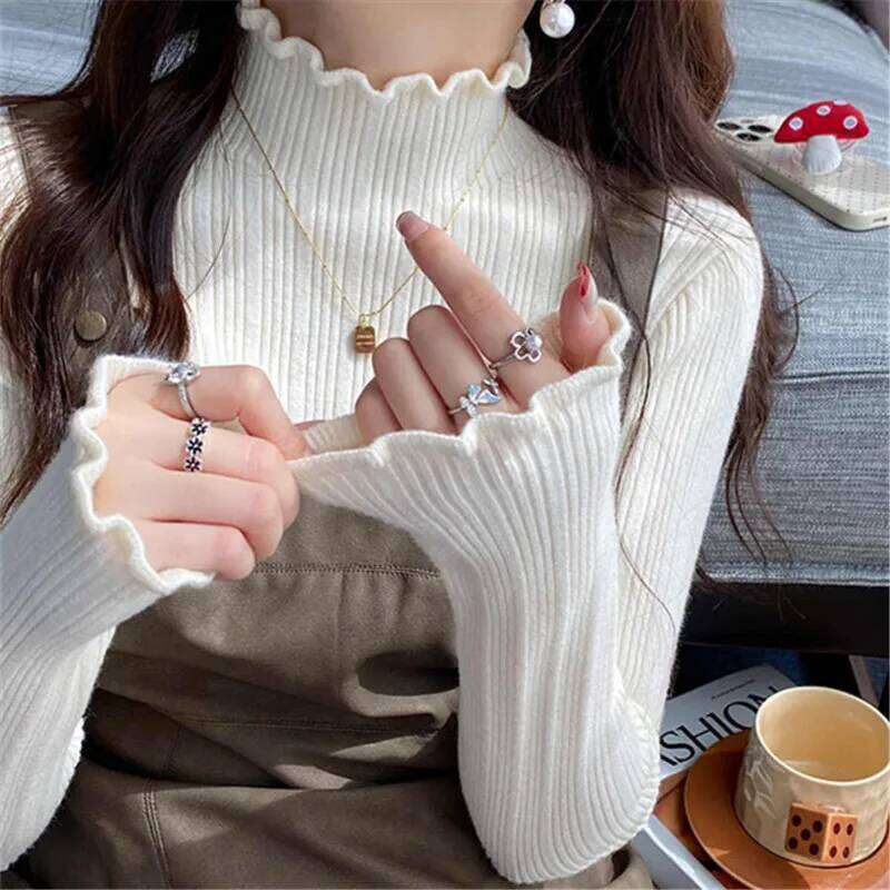 Autumn Winter Turtleneck Knitted Pullovers 2025 Women Long Sleeve Soft Tops Casual Versatile Ruched Sweater Slim Base Layer Top Z260314