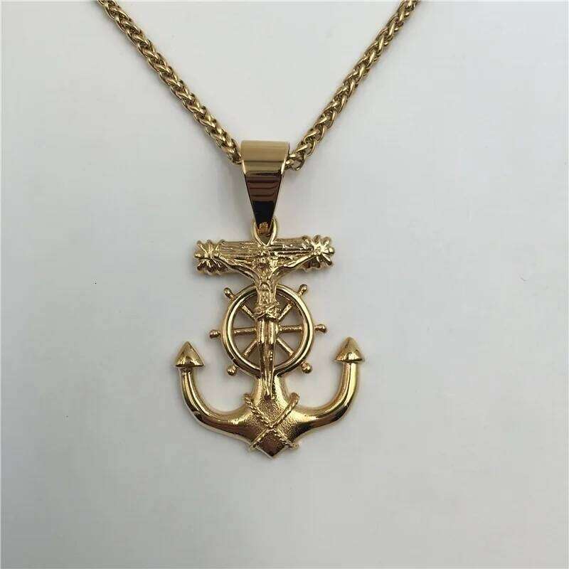 Cross Rudder Anchor Pendant Necklace Gold Color Plated Jewelry Stainless Steel Navigation Religious Necklacejavascript: H260312