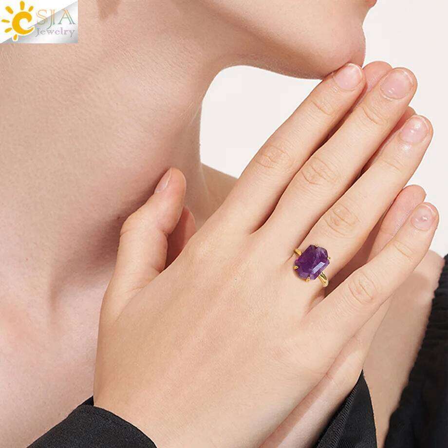CSJA Natural Stone for Men Faceted Crystal Healing Tiger Eye Amethysts Gold Color Ring Jewelry Accessorise H544 H260312