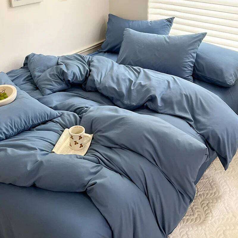 Solid Bed Linen Cotton Bedding Set with Sheet Duvet Cover Pillowcase Single Couple Bedsheet King Queen Double Twin Size H260312 - view 6