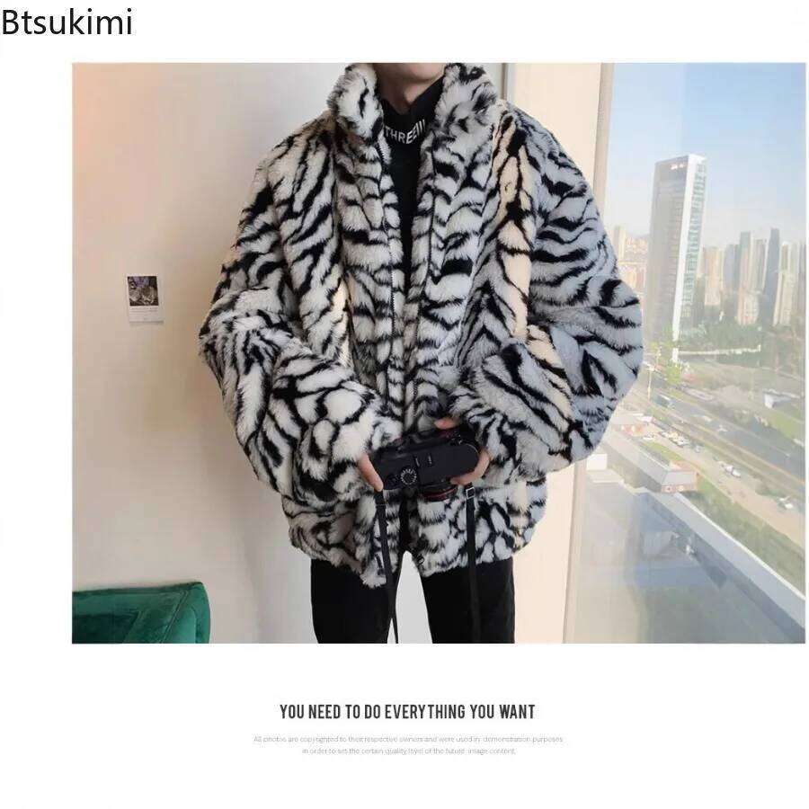 Fashion Tiger Stripes Print Men Loose Fluffy Faux Fur Long Sleeve Casual Warm Coats Autumn Winter Harajuku Retro Jackets Z260313