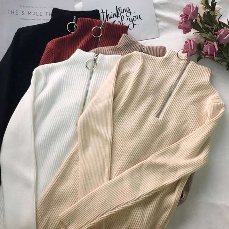 Autumn Winter Turtleneck Women Long Sleeve Zipper Neckline Pullover Female Sweater Slim Basic Knitted Jumpers Z260313