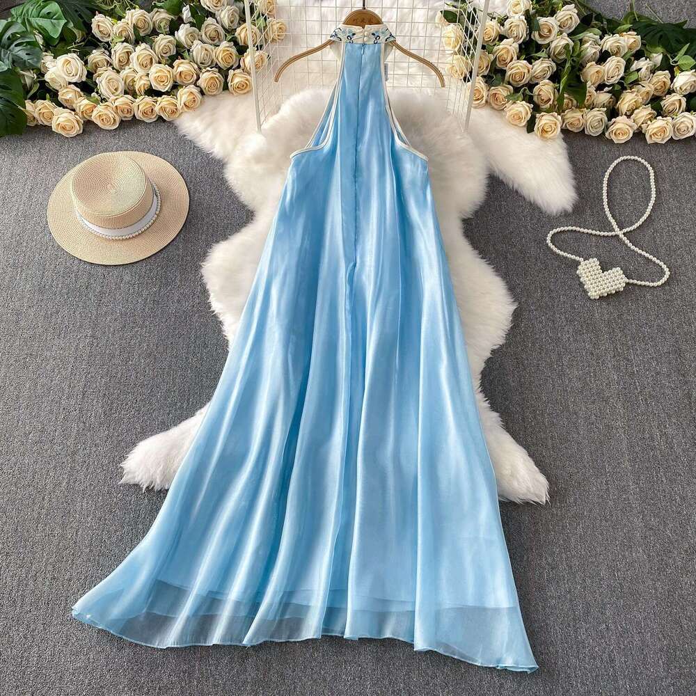 2026 New Chinese style Unique A17 Beautiful Embroidery Women's Strap Top Summer Vacation High end Glossy Fairy Dress