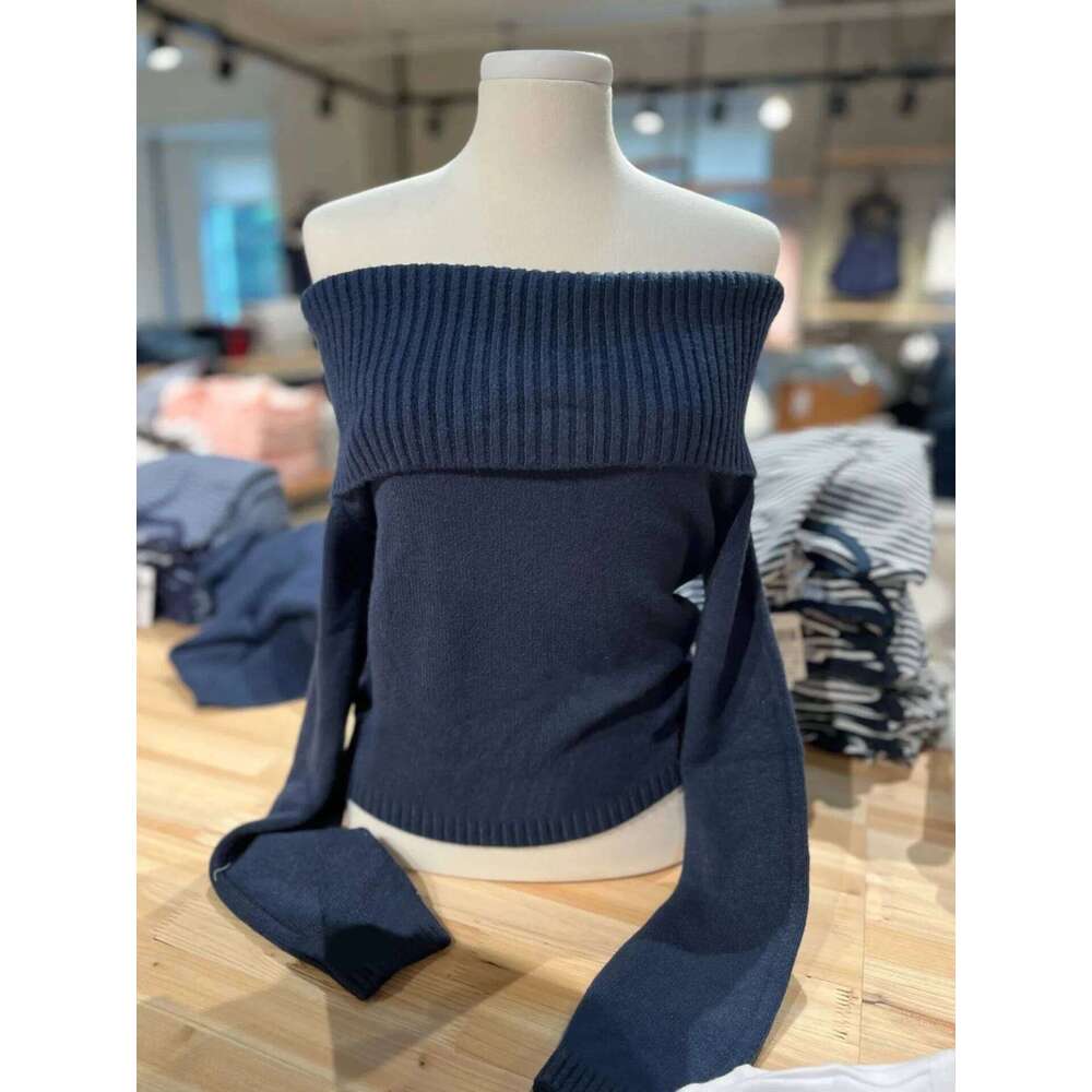 Navy Vintage Cropped Women Spring Slash Neck Long Sleeve Slim Crop Top Sweet Fashion Streetwear Knit Sweater Y2k Jumper Z260313