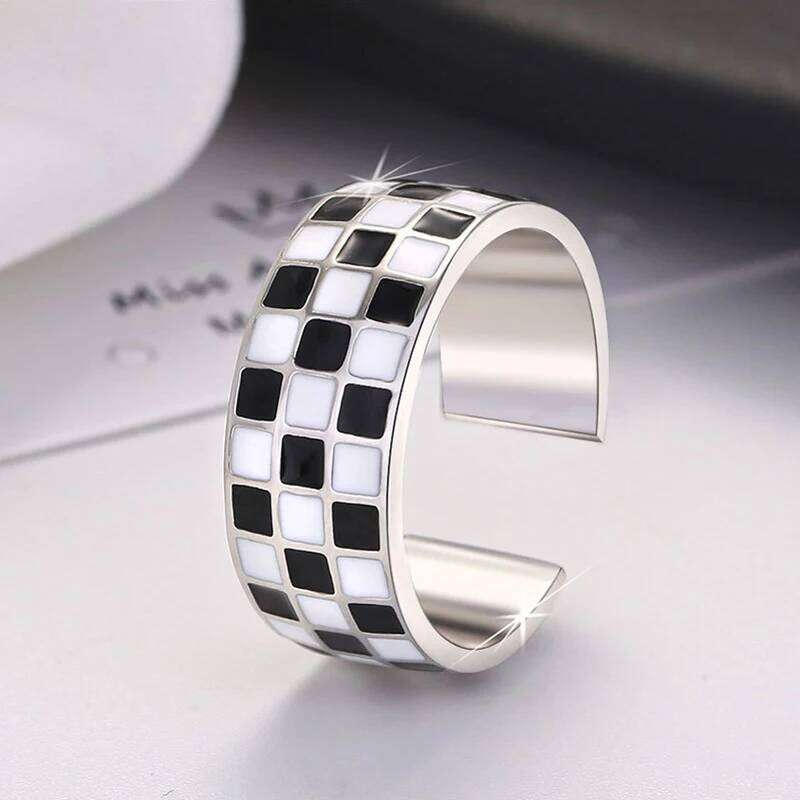 New Fashion 925 Sterling Silver Black Grid 8mm Wide Adjustable Rings Women&Girl Jewelry Gift Chessboard Design Trend Ring H260312