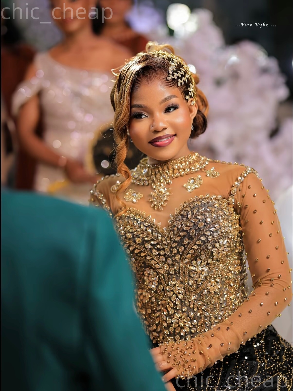 2K26 Gold Prom Dress 2026 Mermaid Prom Dress Sheer Neck Crystals Beaded Full Sleeves Evening Dresses Birthday Party Formal Receiption Gowns Dresses ZJ